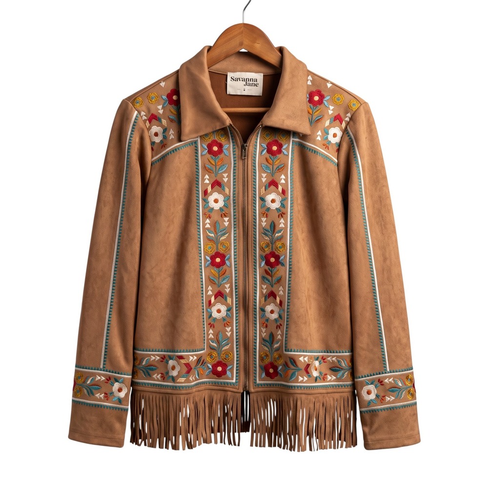 NWT Savanna Jane Embroidered Faux Suede Fringe Western Boho Jacket  Small